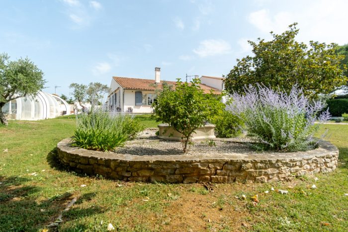 Vue extérieure — massif en pierre et lavande, villa en fond